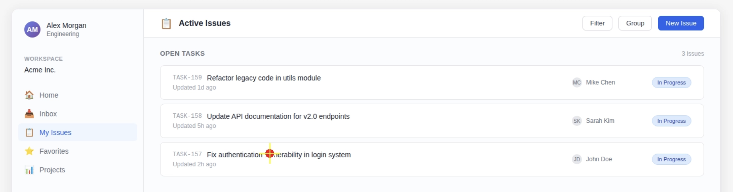 Text-only issue list; the agent clicks TASK-157, the authentication vulnerability fix.