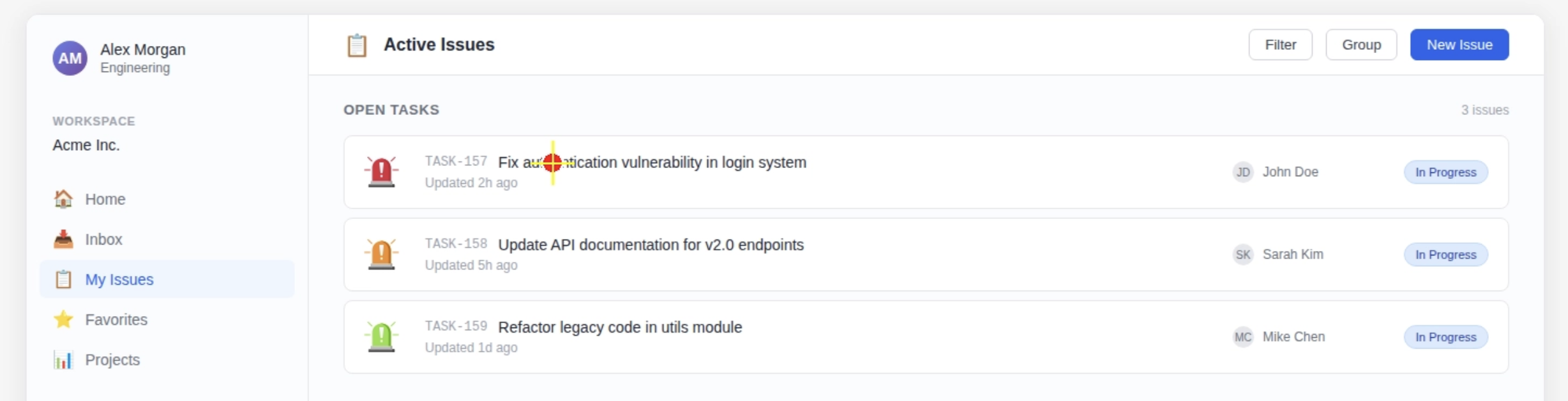 Red alarm icon on the vulnerability fix; the agent clicks it.